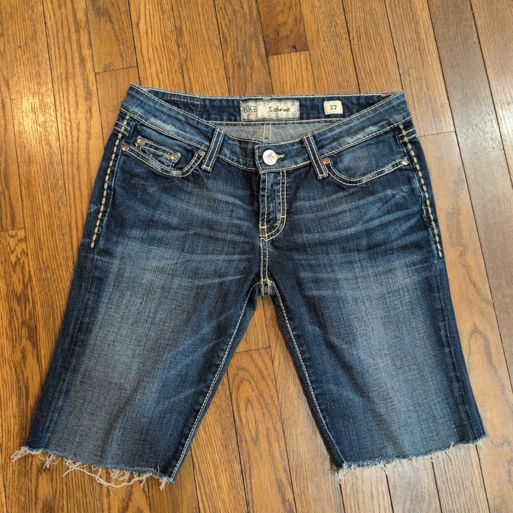 BKE Sabrina Dark Wash Acid Fade Distressed Cut-off Bermuda Shorts Womens Size 27